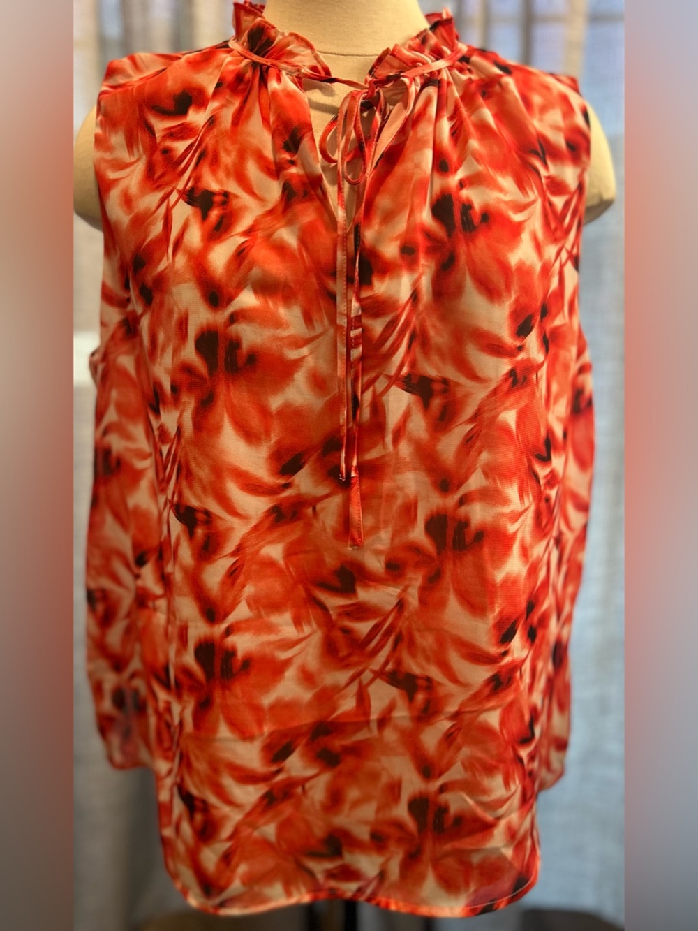 Anne Klein Red Orange Printed Tie-Neck Sleeveless Camisole